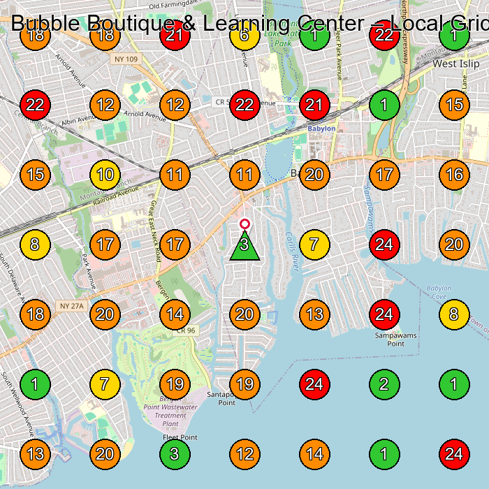 Bubble Boutique & Learning Center Toy Store GeoGrid ranking map for Babylon NY